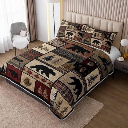 Rustic Black Bear Quilt Bedding Queen 3Pcs Natural Forest Wild Hunt Animal Bear Canoe Bed Set Retro Tree Grid Pattern Bedspread Coverlet with 2 Pillowcases for Kid Boy Girl Teen Adult Bed Decor