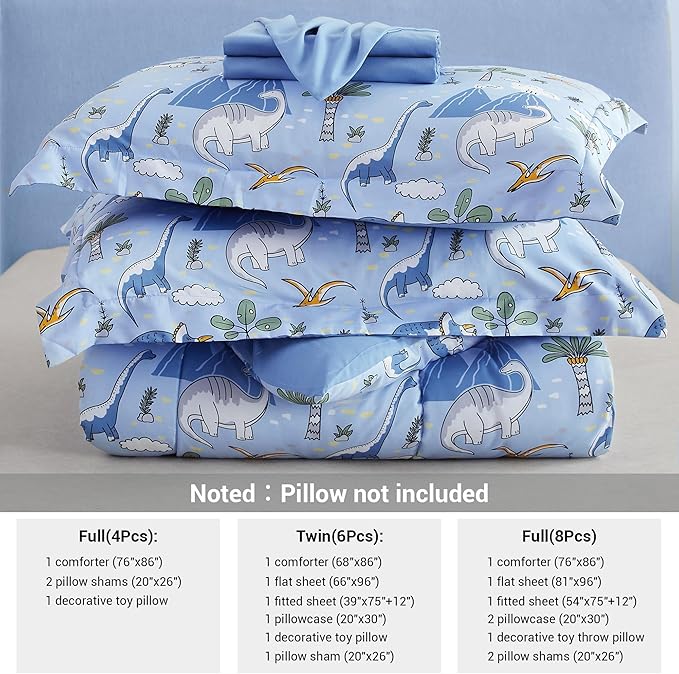 Mooreeke Kids Twin Comforter Sets for Boys 6 Pieces Dinosaur Blue Bedding Set for Teens Soft Microfiber Kids Bed in A Bag with Comforter, Sheet Set, Shams and Decorative Toy Pillow All Season