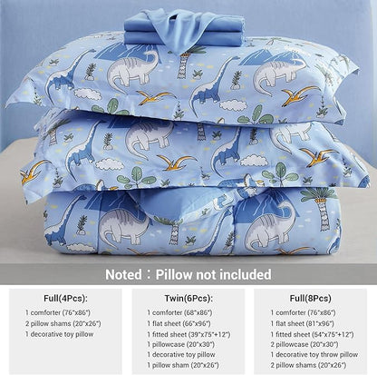 Mooreeke Kids Twin Comforter Sets for Boys 6 Pieces Dinosaur Blue Bedding Set for Teens Soft Microfiber Kids Bed in A Bag with Comforter, Sheet Set, Shams and Decorative Toy Pillow All Season