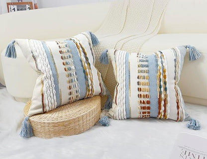 Boho Throw Pillow Covers 18x18 Aesthetic Neutral Boucle Couch Pillow Cover Rainbow Striped Decorative Accent Pillow Case for Couch Bed Sofa Farmhouse Bedroom,Modern Funky,Set of 2 Light Blue