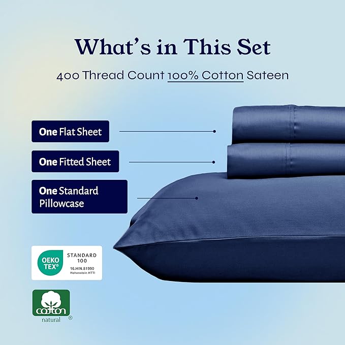 California Design Den Twin Size Sheets Set - 400 Thread Count Sateen, Natural 100% Cotton Sheets, Deep Pockets with All Around Elastic, Soft, Durable Bedding - Navy Blue