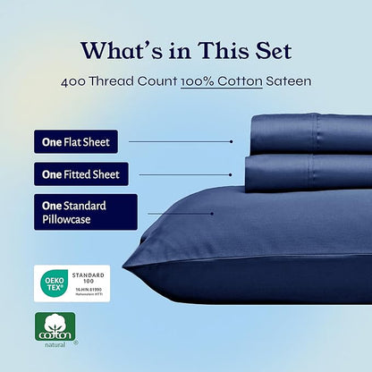 California Design Den Twin Size Sheets Set - 400 Thread Count Sateen, Natural 100% Cotton Sheets, Deep Pockets with All Around Elastic, Soft, Durable Bedding - Navy Blue