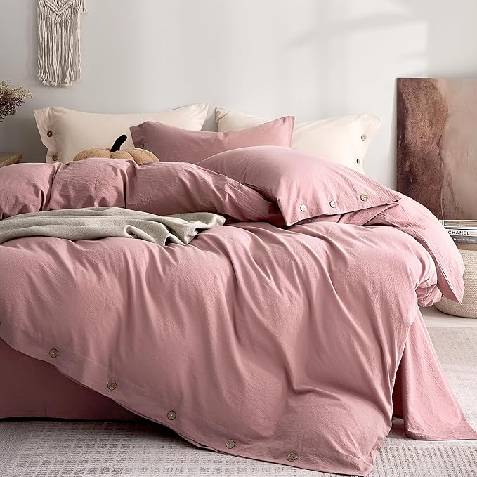 JELLYMONI 100% Washed Cotton Duvet Cover Queen – Soft, Breathable Linen-Look Bedding with Natural Wrinkle Texture, Button Closure, 3-Piece Set (Darker Rose, 90"x90")