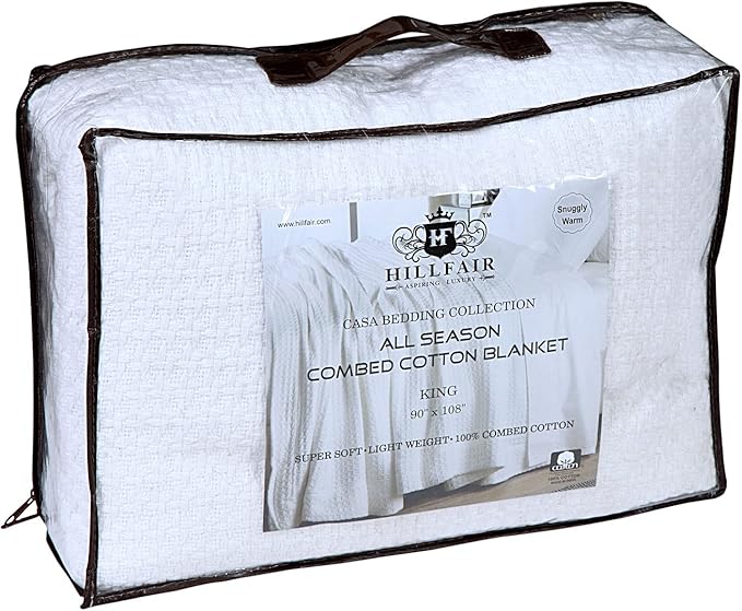 HILLFAIR 100% Combed Cotton Blanket– Twin XL Bed Blanket– Soft Cozy Warm Multipurpose Throws for Luxury Home Decor– 66 x 90 inch Twin XL Size Cotton Blankets for Beds- Blankets for All Season- White