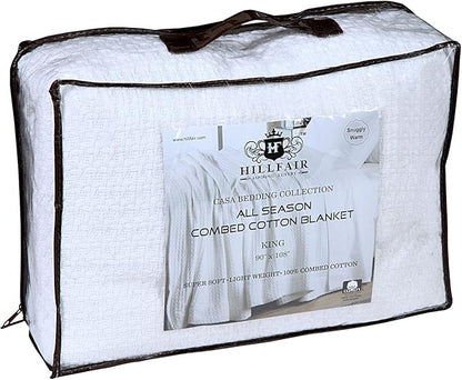 HILLFAIR 100% Combed Cotton Blanket– Queen Bed Blanket– Soft Cozy Warm Multipurpose Throws for Luxury Home Decor– 90 x 90 inch Queen Size Cotton Blankets for Beds- Bed Blankets for All Season- White