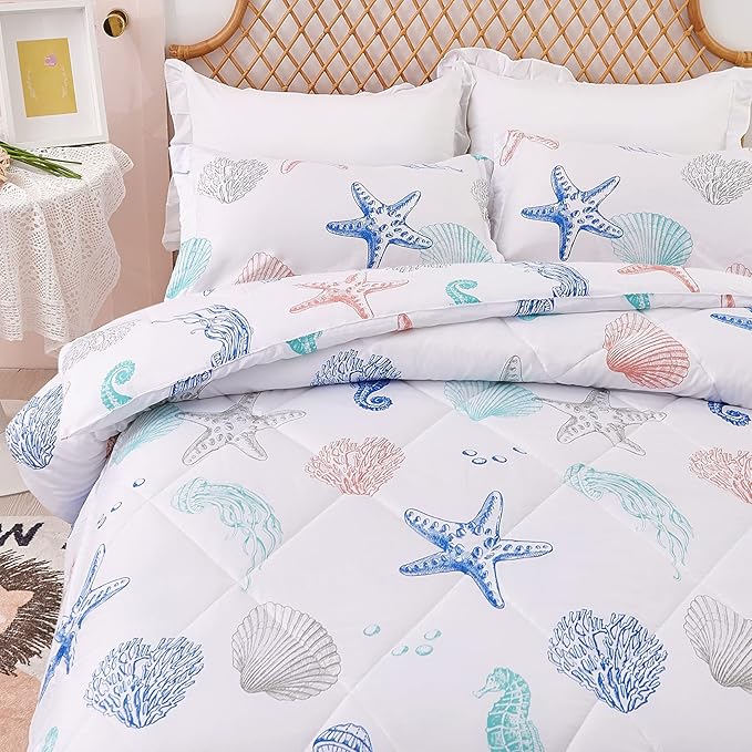 JSD Beach Theme Kids Comforter Set Twin Size, Jellyfish Starfish Shell Printed Comforter with Pillow Sham, Lightweight All Season Washable