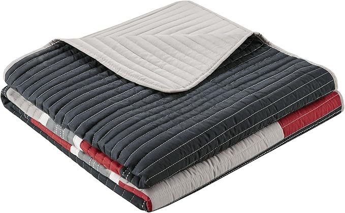 Comfort Spaces Quilt Set Trendy Casual Fun, Vibrant Color Design, Hypoallergenic All Season, Lightweight Coverlet Bedspread Cozy Kids Bedding & Sham Twin/Twin XL Pierre Black/Red Stripe 2 Piece