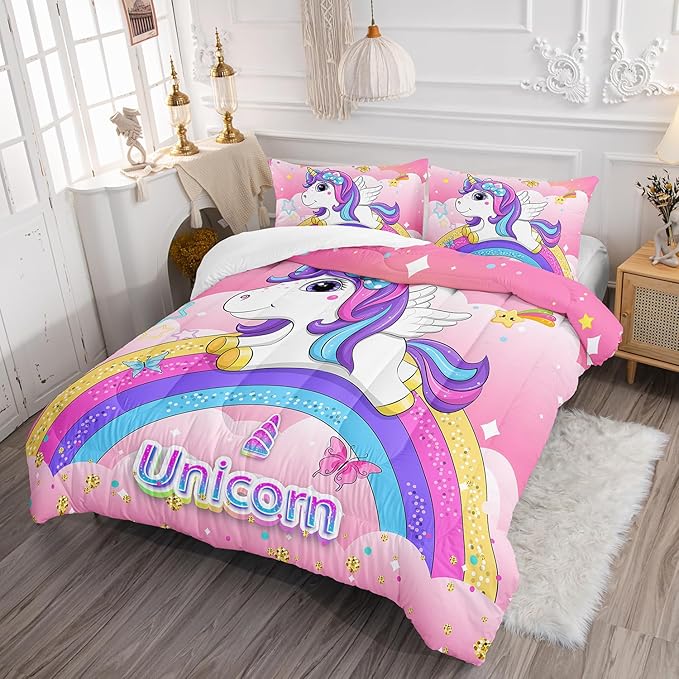 Kid Unicorn Butterfly Comforter Set Full Size 3Pcs Rainbow Glitter Star Bedding Set White Cloud Quilt Bed Set for Boys Girls with 1 Comforter and 2 Pillowcases