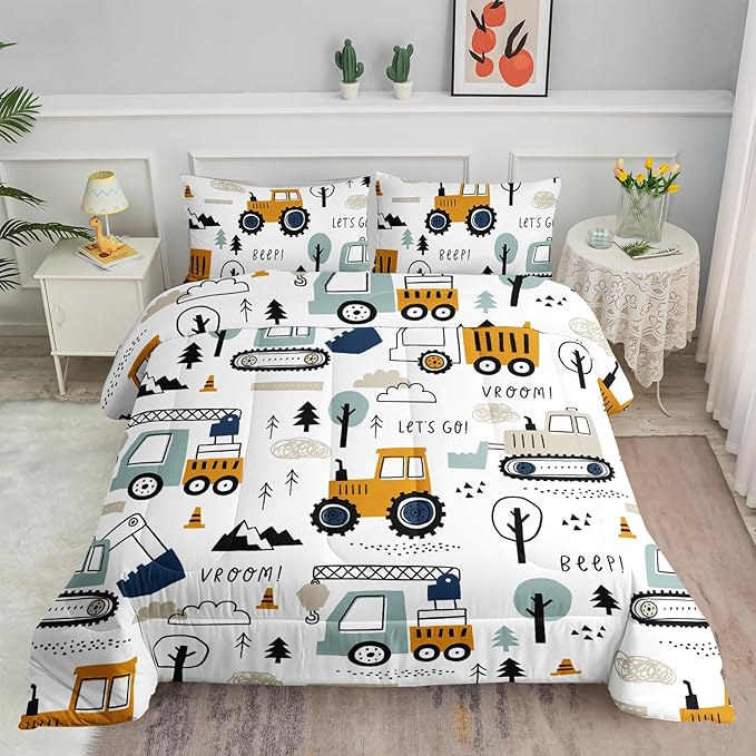 Cartoon Car Comforter Set Kids Construction Printed Bedding Set with 1 Comforter and 2 Pillowcases for Boys and Girls Bedroom All Season(Car Twin)
