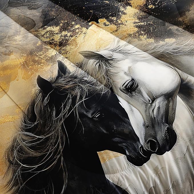 Black White Horses Comforter Set Full Size,Golden Ink Painting Flora Bedding Set for Kids and Adults Bedroom Horse Decor,Wild Animal Theme Art Aesthetics Comforter Set with 2 Pillowcases.