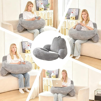 Reading Pillow for Bed,U Shaped & Back Support Pillow for Bed,19" Backrest with Lumbar & Arm Support,Comfy Flannel Fabric,Lap Pillow for Gaming/Reading/Watching TV,Gray