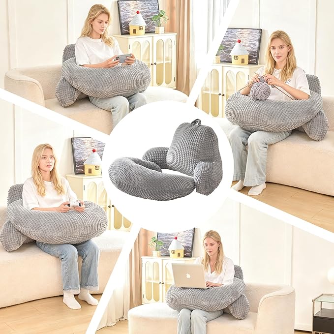 Reading Pillow for Bed,U Shaped & Back Support Pillow for Bed,17" Backrest with Lumbar & Arm Support,Comfy Flannel Fabric,Lap Pillow for Gaming/Reading/Watching TV,Gray