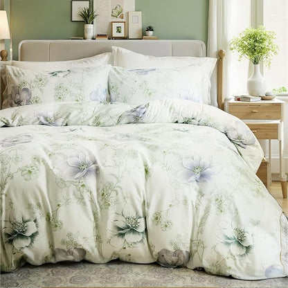 Floral Duvet Cover Queen Size 100% Cotton Reversible Green Floral Duvet Cover Set with Zipper Closure 3 Pcs Green Leaf Soft & Breathable Bedding Comforter Cover