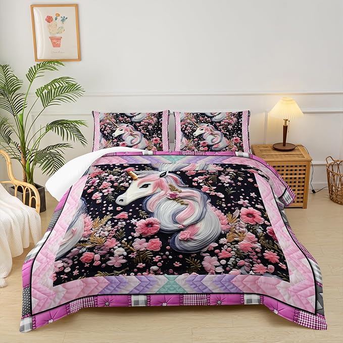 Unicorn Queen Size Comforter Set for Girls，Pink Unicorn Queen Size Bedding Set，Pink Floral Quilt Bed Set Queen，with 1 Comforter with 2 Pillow Case