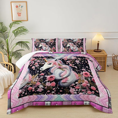 Unicorn Queen Size Comforter Set for Girls，Pink Unicorn Queen Size Bedding Set，Pink Floral Quilt Bed Set Queen，with 1 Comforter with 2 Pillow Case