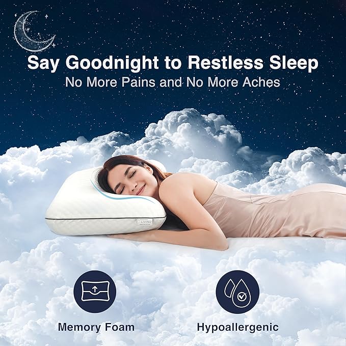 Casual Living Memory Foam Pillow Standard Size Bed 1-Pack with Hypoallergenic Removable Washable Cover for Back Stomach and Side Sleepers for Dorm Essentials, 16-inch x 29-inch, White