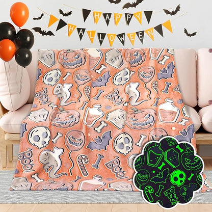 Halloween Blanket Gifts for Kids Adults - Glow in The Dark Halloween Throw Blanket with Spooky Pumpkin Bat Ghost Spider Print, Soft Cozy Orange Fall Fleece Throws for Couch Bed Home Decor 50"x60"