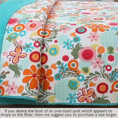 Cozy Line Home Fashions Pink Green Blue Orange Colorful Floral Whimsy 100% Cotton Reversible Girl Quilt Bedding Set, Coverlet, Bedspread (Queen - 3 Piece: 1 Quilt + 2 Standard Shams)