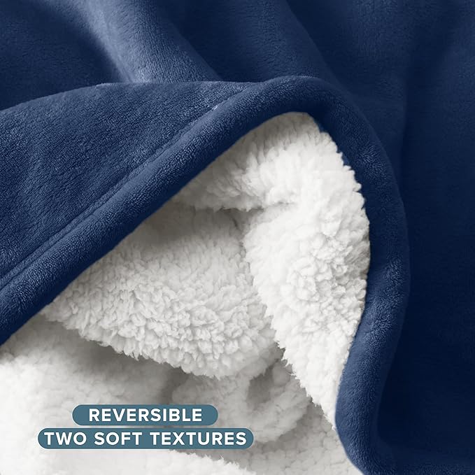Bare Home Sherpa Fleece Blanket - Full/Queen Size - Blanket for Bed, Sofa, and Couch - Warm & Lightweight - Fluffy & Soft - Reversible (Full/Queen, Dark Blue)