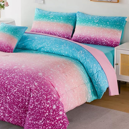 URBONUR 6Pcs Queen Comforter Set for Girls Multicolor Gradient Glitter Tie Dye Pink Blue Bedding Set with Sheets, Soft Fluffy All Season Kids Teen Bed in A Bag