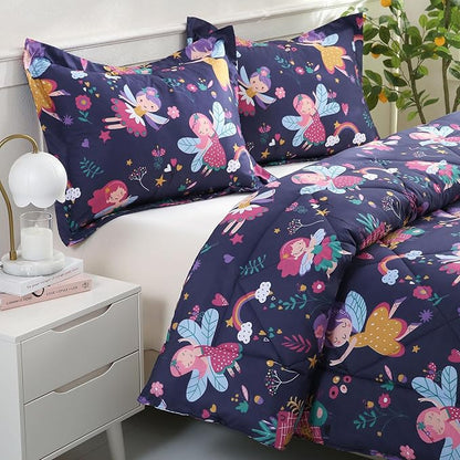 JSD Fairy Kids Comforter Set Twin Size, 2 Piece Girls Floral Printed Microfiber Bedding Set, Machine Washable
