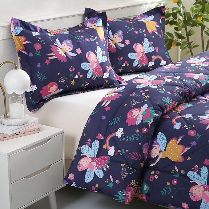 JSD Fairy Kids Comforter Set Full Size, 3 Piece Girls Floral Printed Microfiber Bedding Set, Machine Washable