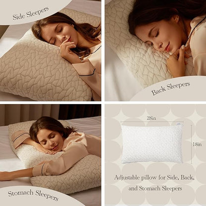 Memory Foam Pillows for Sleeping Adjustable Bamboo Blend Breathable Bed Pillow for Side, Back, and Stomach Sleepers Washable Pillow Cover Dream Cloud Queen Size 18X28 in