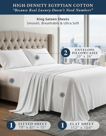 100% Egyptian Cotton Sheets King Size - Naturally Cooling & Breathable 4 Piece Silky Sateen Weave King Size Sheets Set, Ultra-Soft & Durable Hotel Luxury Sheets with 15" Snug Fit Deep Pockets - White