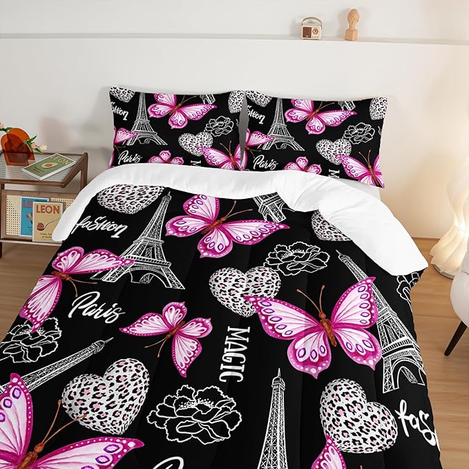 Pink Butterfly Comforter Twin Bedding Sets for Girls, Eiffel Tower Leopard Heart Pattern Bedding Sets with 2 Pillowcases,Aesthetic Bedding for Women Girls Bedroom Paris Decor.