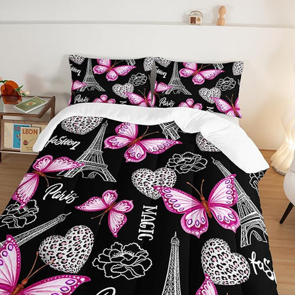 Pink Butterfly Comforter Full Bedding Sets for Girls, Eiffel Tower Leopard Heart Pattern Bedding Sets with 2 Pillowcases,Aesthetic Bedding for Women Girls Bedroom Paris Decor.