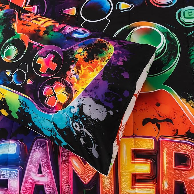 NTBED Game Console Comforter Set for Boys Girls Kids Tie Dye GamingLightweight Microfiber Gamer Bedding Sets (Multi, Queen 5Pcs)