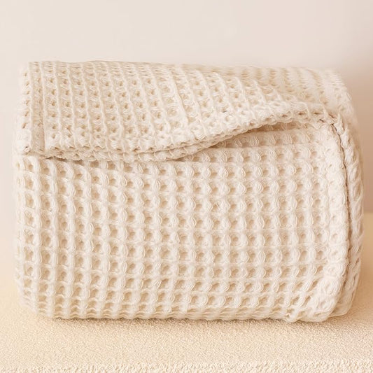Premium Waffle Blanket California King Size Natural Undyed - 100% Turkish Cotton, Light and Airy Waffle Weave All-Season Quilt - Luxury Decorative Bedspread (Natural, 95" x 126" Inch)