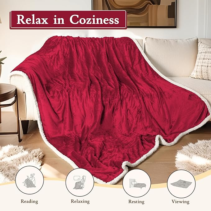 Electric Heated Blanket Flannel & Sherpa 72"x84" Full Size - 4 Heat Levels, 10H Auto Shut Off, Fast Heating, Cozy and Comfortable, Warm Gifts, Machine Washable - Red