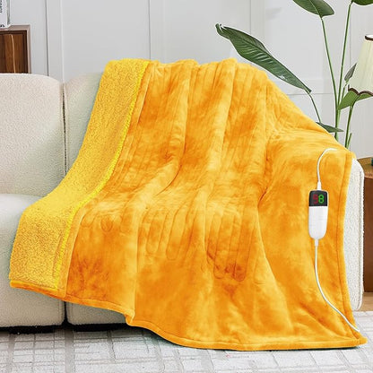greenoak Heated Electric Blanket Throw, Faux Fur Sherpa Heating Blanket for Sofa Bed, Warm Winter Gifts for Women/Adults, Heater Lap Blankets 5-Position Timer &10 Heating Levels 50''*60" Golden
