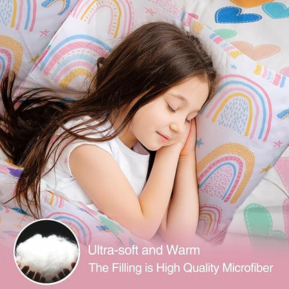 A Nice Night Lightweight Soft Cartoon Rainbow 6Pcs Twin Comforter Sets, Love Hearts Printed Bedding Set for Boys Girls,White