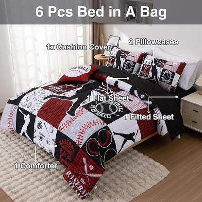 A Nice Night Sports Geometric Grid Black Patchwork Baseball Printed for Boys Fulla 6Pcs Bed in A Bag Comforter Bedding Set, Red