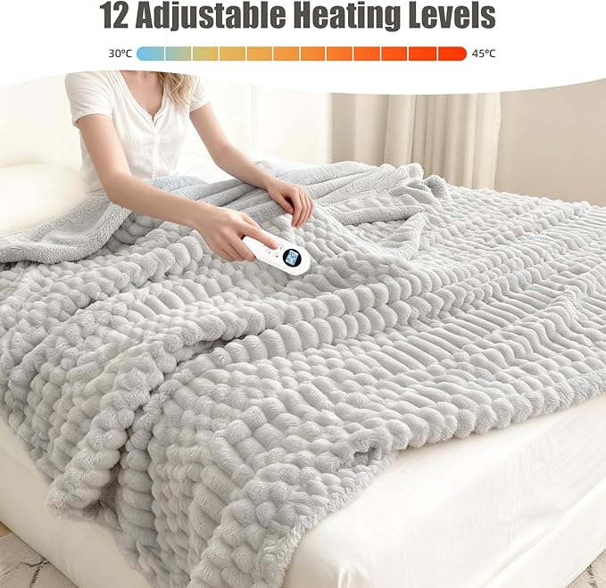 Heated Blanket King Size, 90“x100 Electric Blanket Heating with Dual Controllers, Fast Heating with 12 Heat Levels & 12 Hours Auto Off, with ETL & FCC for Bed(Light Gray)