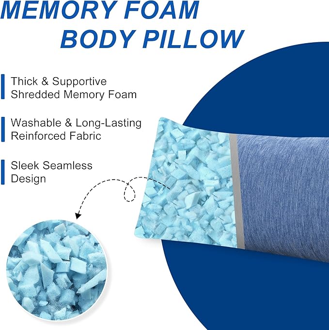 Hiasan Cooling Body Pillows for Adults, Long Memory Foam Body Pillow - Full Size Support for Side Sleepers & Pregnancy, Back Pain Relief, 20x54 Inches, Blue