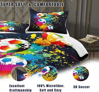 Bodhi Boys Sports Bedding Set Twin Size,Rainbow Graffiti Soccer Comforter Set Twin,Football Comforter Set for Boys Kids Teens Matching Pillowcases,Teen Kids Bedding Set Twin
