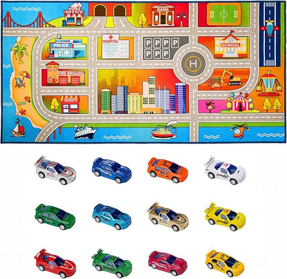 Booooom Jackson Kids Carpet Playmat with 12 Toy Cars for Age 3+ Colorful Non Slip City Rug for Kids Track Play Mat Playroom Bedroom Classroom Nursery