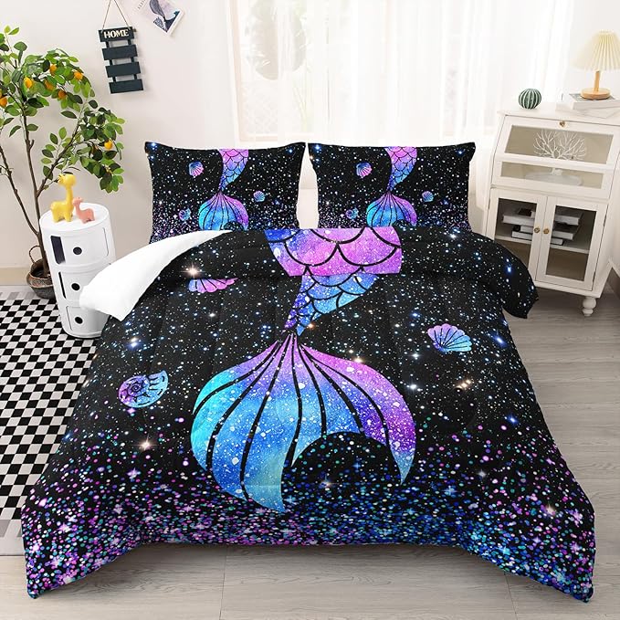 Purple Mermaid Tail Comforter Set for Girls Women, Mermaid Bedroom Decor for Girls Twin Size, Kids Fish Scales Black Bedding Set with 1 Comforter and 2 Pillowcases