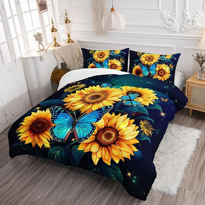 Yellow Sunflower Bedding Blue Butterfly Comforter 3Pcs Twin Black Floral Botanical Pattern Quilt Set for Kid Teen Girl Boy Romantic Starlight Bed Decor Set with 1 Comforter and 2 Pillowcases