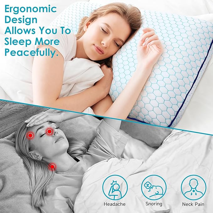 Memory Foam Pillows for Side, Back and Stomach Sleepers, Set of 2, Bed Pillow with Washable Cover and Breathable Mesh, Bed Pillow for Sleeping (Blue，King Size)