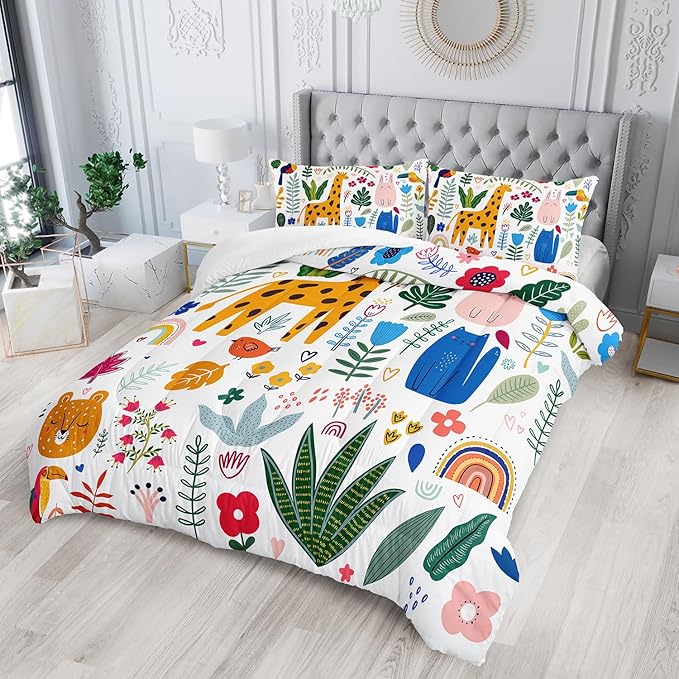 Kids Cute Cat Comforter Set Full Size 3Pcs Cartoon Pet Rainbow Giraffe Fishing Bedding Set Lovely Animal Parrot Flower Quilt Bed Set for Children Girls Boys Room Decor