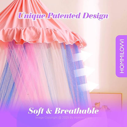 Rainbow Bed Canopy for Girls with Stars Lights, Princess Canopy Bed Curtains for Twin, Full, Queen Size Bed Hanging Canopy for Girls Room Decor, Kids Sheer Canopy Curtain
