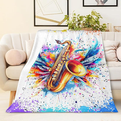 Music Saxophone Blanket for Kids Teens Adults, Music Note Throw Blanket Gifts for Music Lovers Boys Girls, 40x50 Inches Soft Flannel Blanket Music Decor for Bed Couch Sofa Home