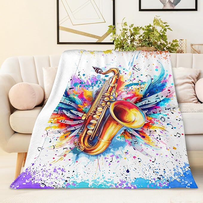 Music Saxophone Blanket for Kids Teens Adults, Music Note Throw Blanket Gifts for Music Lovers Boys Girls, 60x80 Inches Soft Flannel Blanket Music Decor for Bed Couch Sofa Home