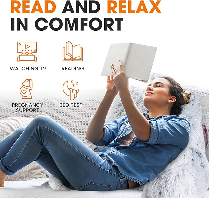 Cheer Collection Fluffy Reading Pillow Chair - Shaggy Hair Chair Pillow with Arms for Bed & Couch, Blue Ombre