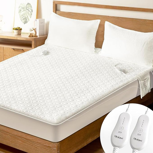 Electric Heated Mattress Pad King Size Dual Control Bed Warmer, Deep Pocket, Side Storage Pouch for Controller, Machine Washable, 3D Air Layer Fabric, 78"x80", White
