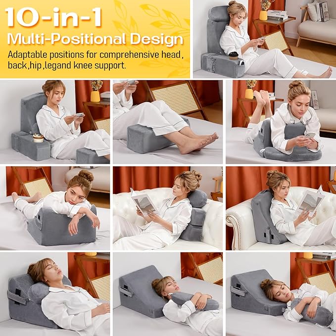 MOON PINE Reading Pillow for Adults, Memory Foam Backrest with Detachable Arms - Bed Pillow for Sitting Up, Built-in Cup Holder & Phone Pocket (Gray, 21 inch)